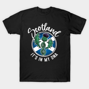 Scotland - It's in my DNA. Scottish thistle with a DNA strand on the flag of Scotland design T-Shirt